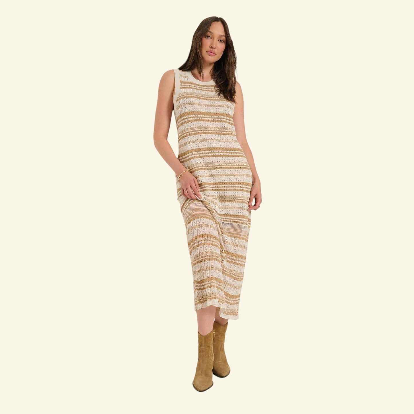 Plum Bottom Seventy Eight and Sunny Ruby crochet midi dress with sheer pointelle stripes and an attached nude slip.