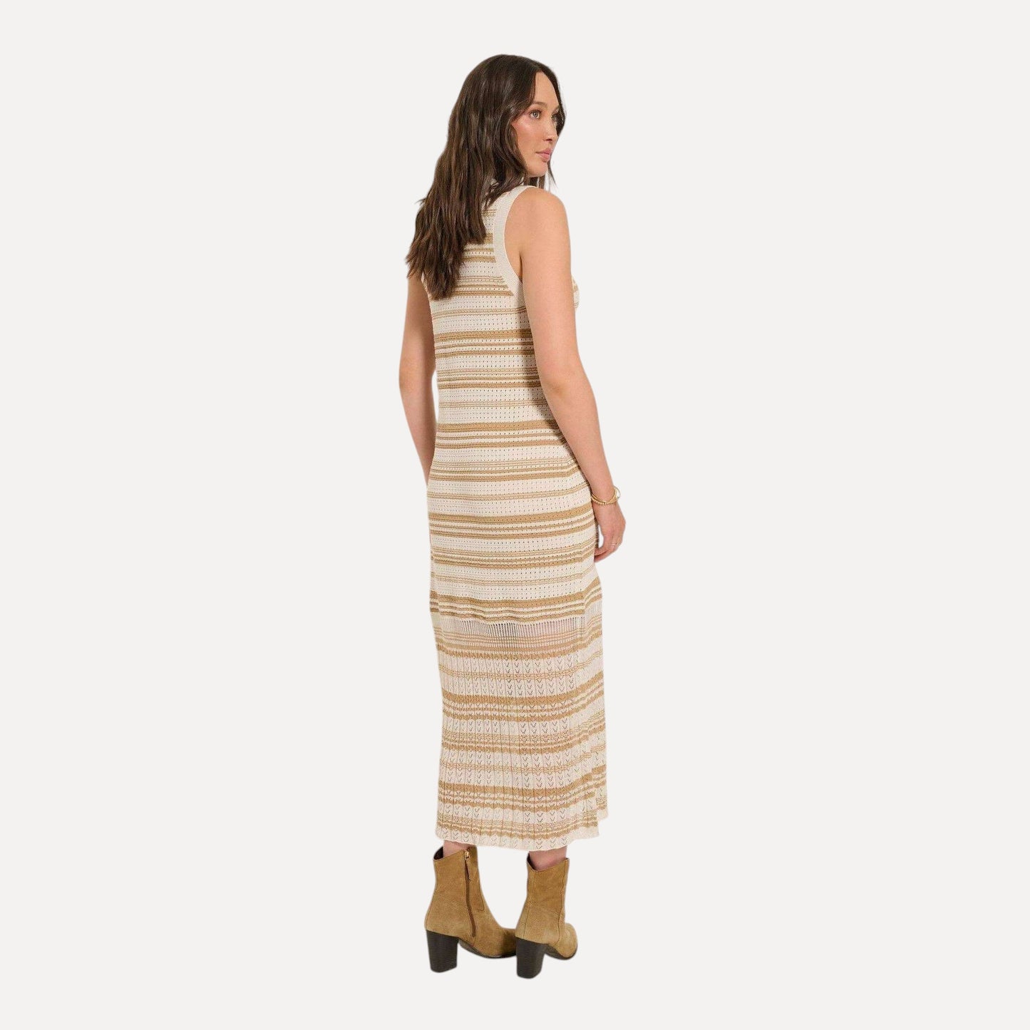 Plum Bottom Seventy Eight and Sunny Ruby midi crochet dress with sheer pointelle stripes and an attached nude slip.