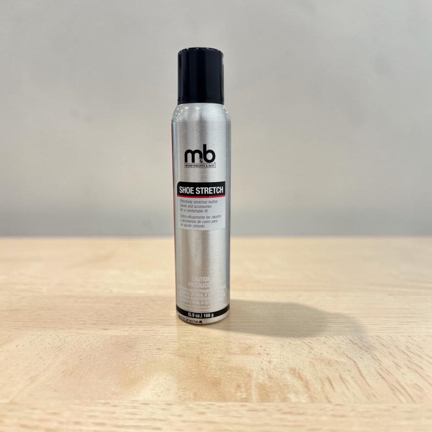 Plum Bottom shoe stretch spray in a silver aerosol can for softening and expanding leather footwear