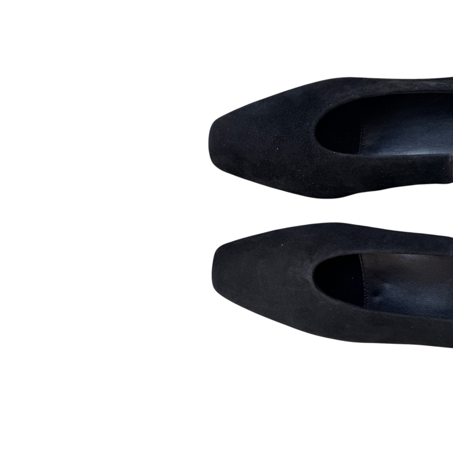 Plum Bottom VANELI Solara black suede pumps with a modern square toe design viewed from above