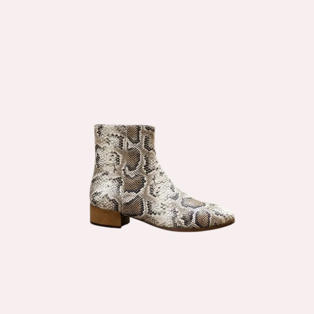Plum Bottom VANELI Tahar ankle boot in grey and brown snakeskin print leather with a low block heel
