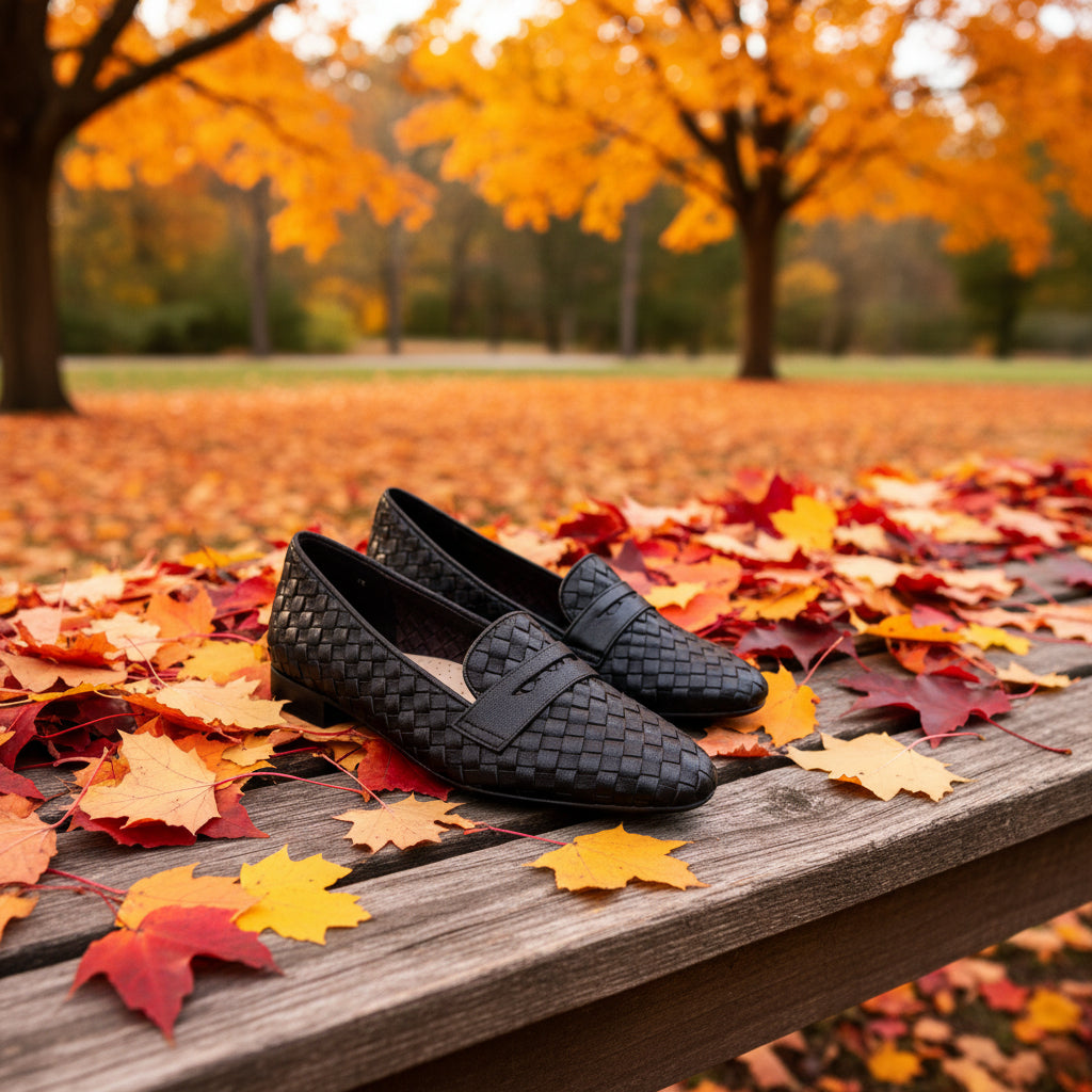 Plum Bottom VANELI Tootie black woven leather loafers with a classic silhouette and cushioned footbed