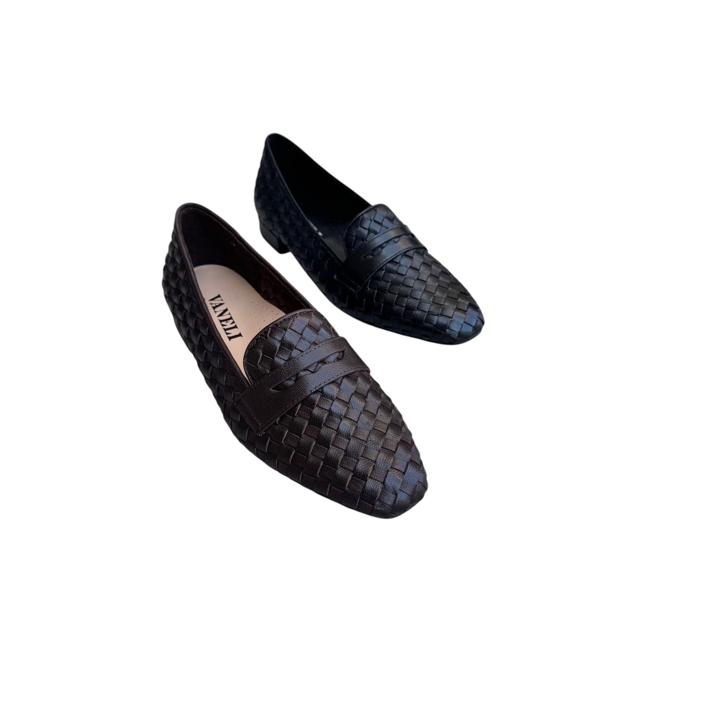 Plum Bottom VANELI Tootie woven leather loafers in black and dark brown with a classic slip-on silhouette.