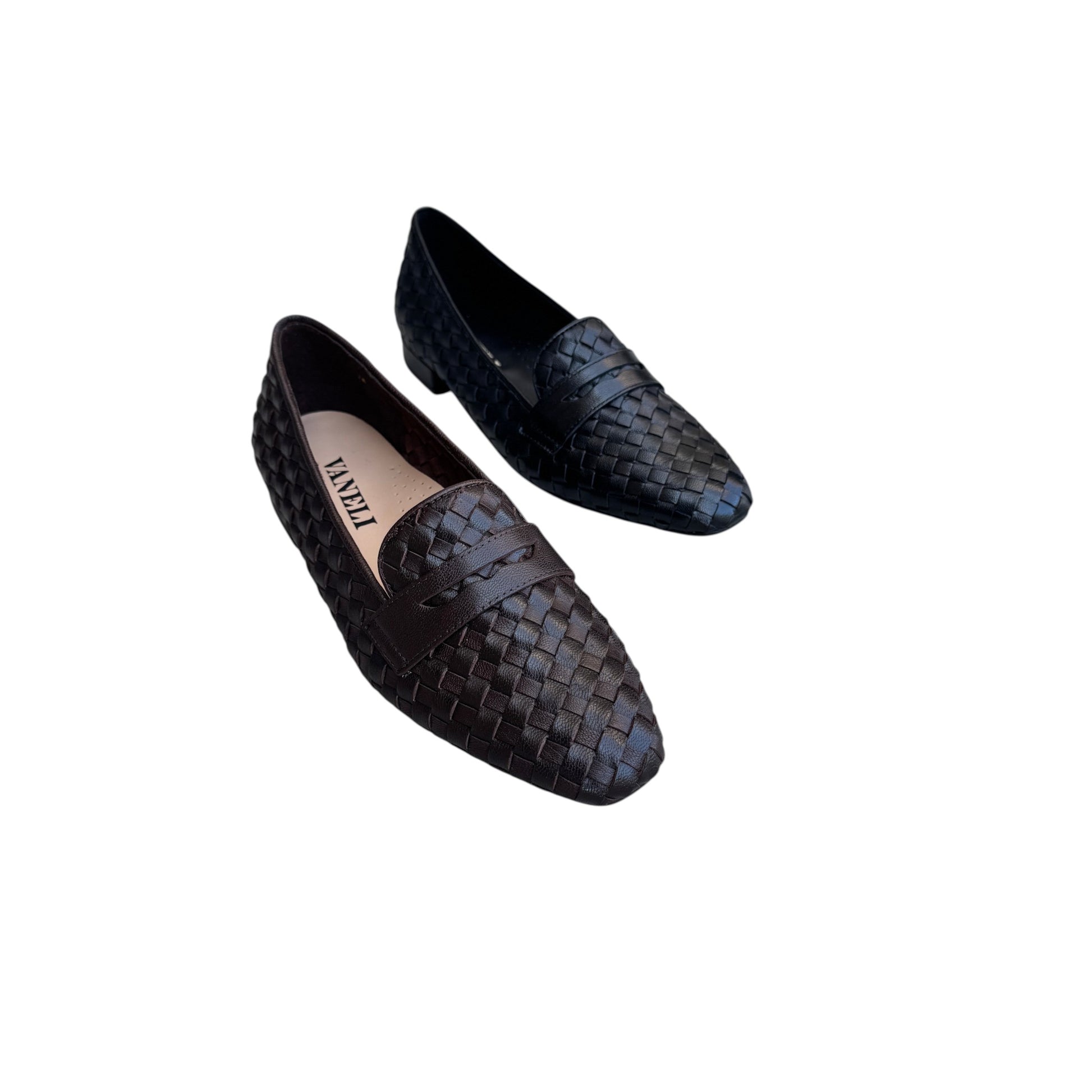 Plum Bottom VANELI Tootie woven leather loafers in black and dark brown with a classic slip-on silhouette.