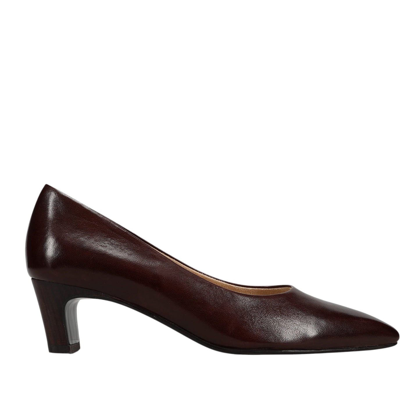 Plum Bottom VANELI Windy dark brown leather pump with a classic pointed toe and a comfortable mid-height block heel.