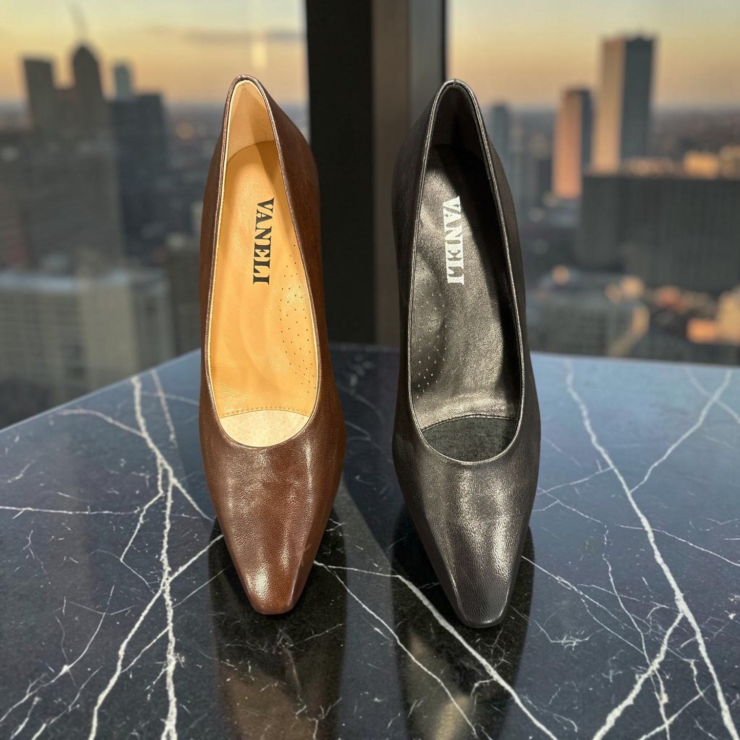 Plum Bottom VANELI Windy leather pumps in brown and black.