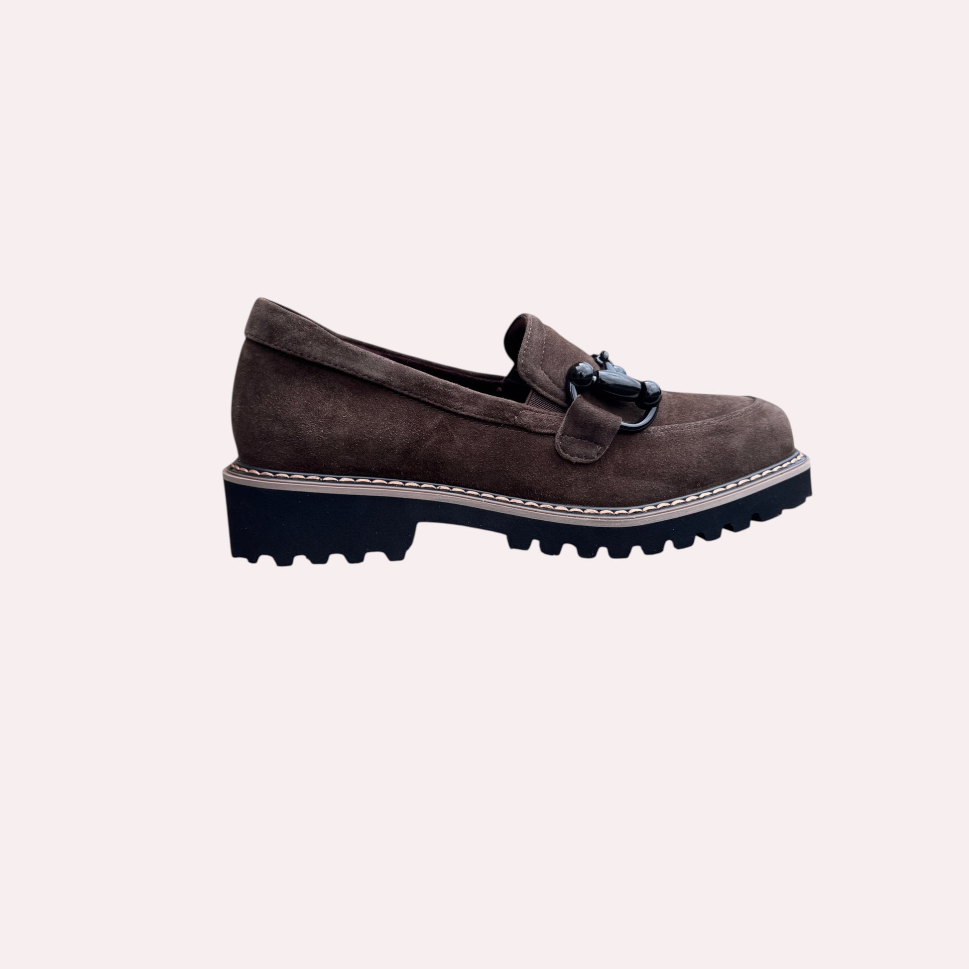 Plum Bottom VANELI Zimmy black suede loafer with a shiny metal bit, lug sole, and contrast welt stitching.