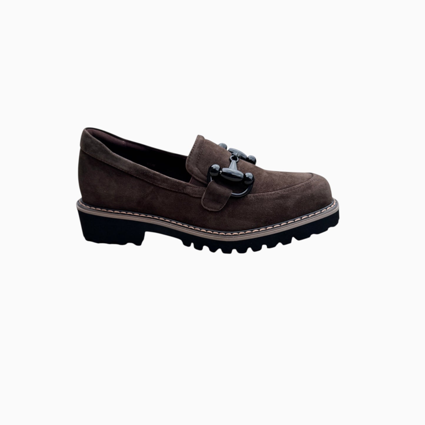 Plum Bottom VANELI Zimmy black suede loafer with a shiny metal bit, lug sole, and contrasting tanned welt stitching.