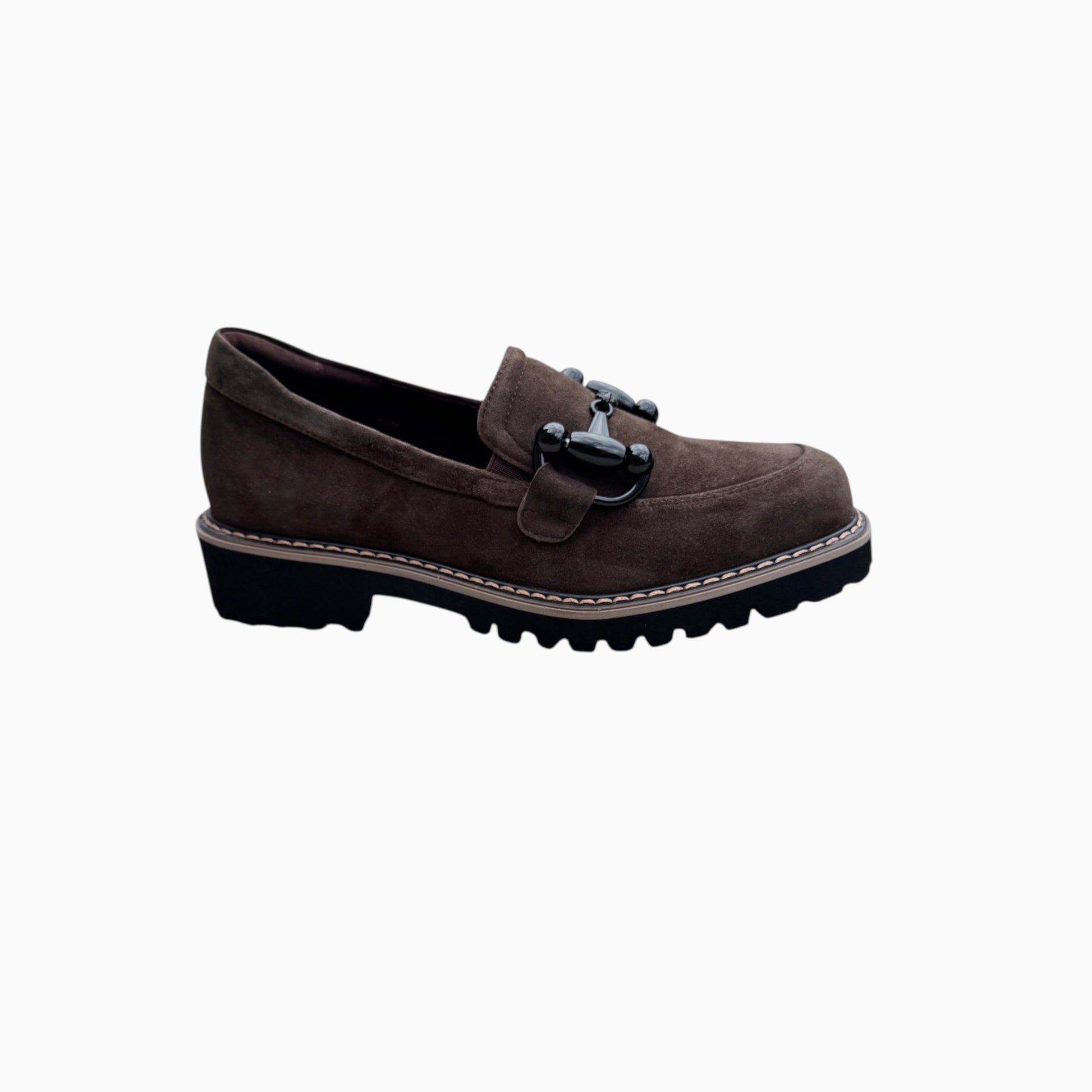 Plum Bottom VANELI Zimmy black suede loafer with a shiny metal bit, lug sole, and contrasting tanned welt stitching.