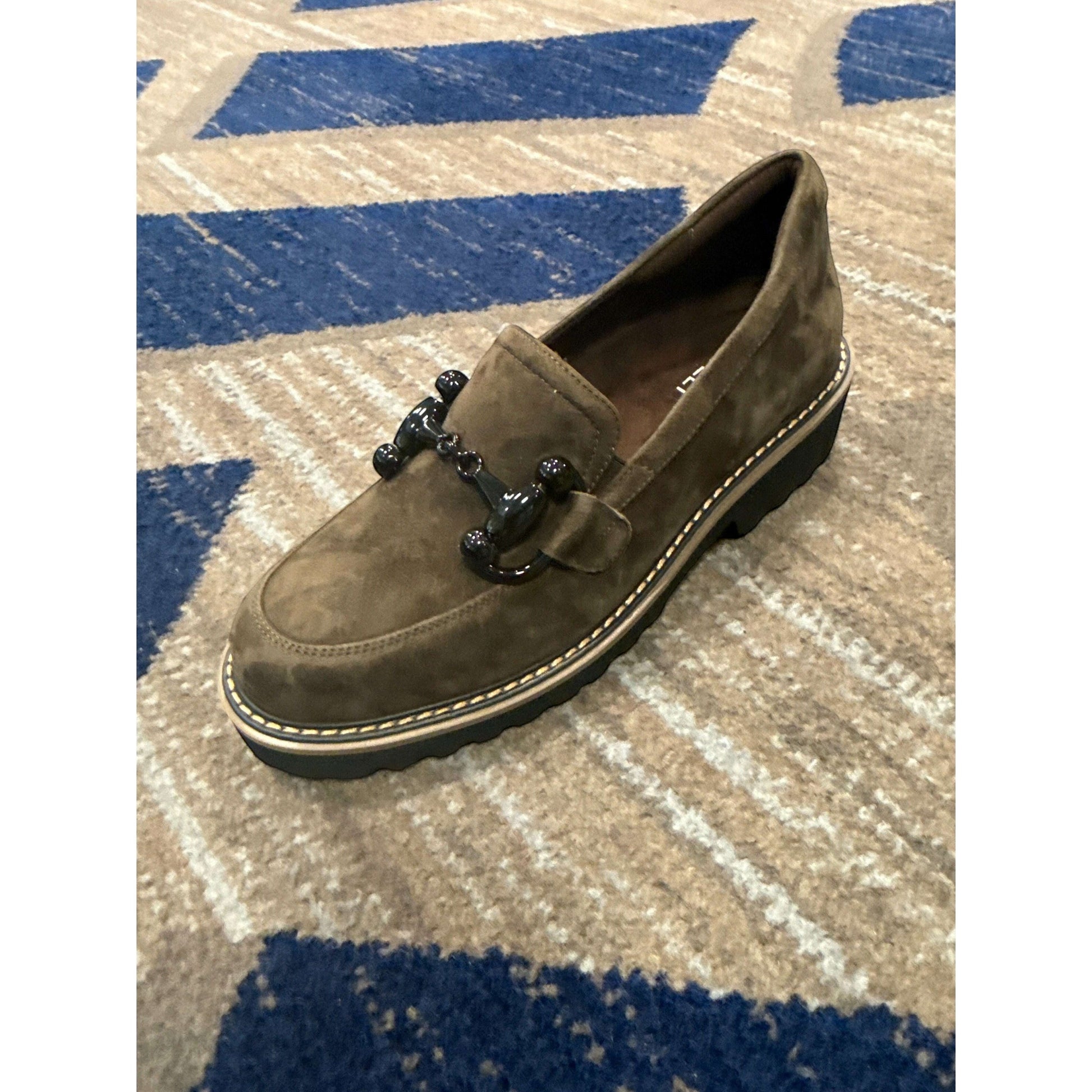 Plum Bottom VANELI Zimmy olive suede loafer with black metal bit, lug sole, and contrast stitching.