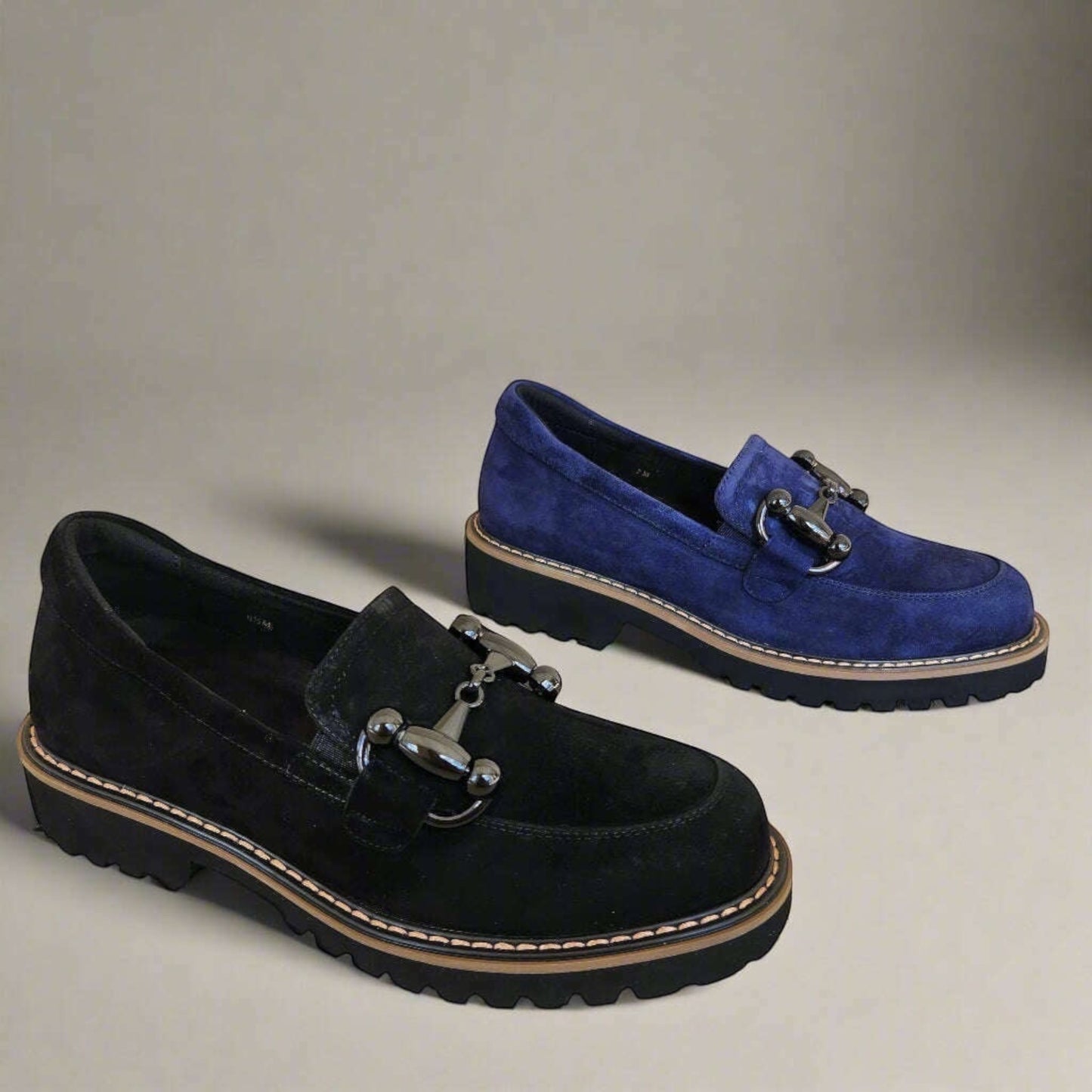 Plum Bottom VANELI Zimmy loafers in black and blue suede with metal bit detail and chunky lug soles.