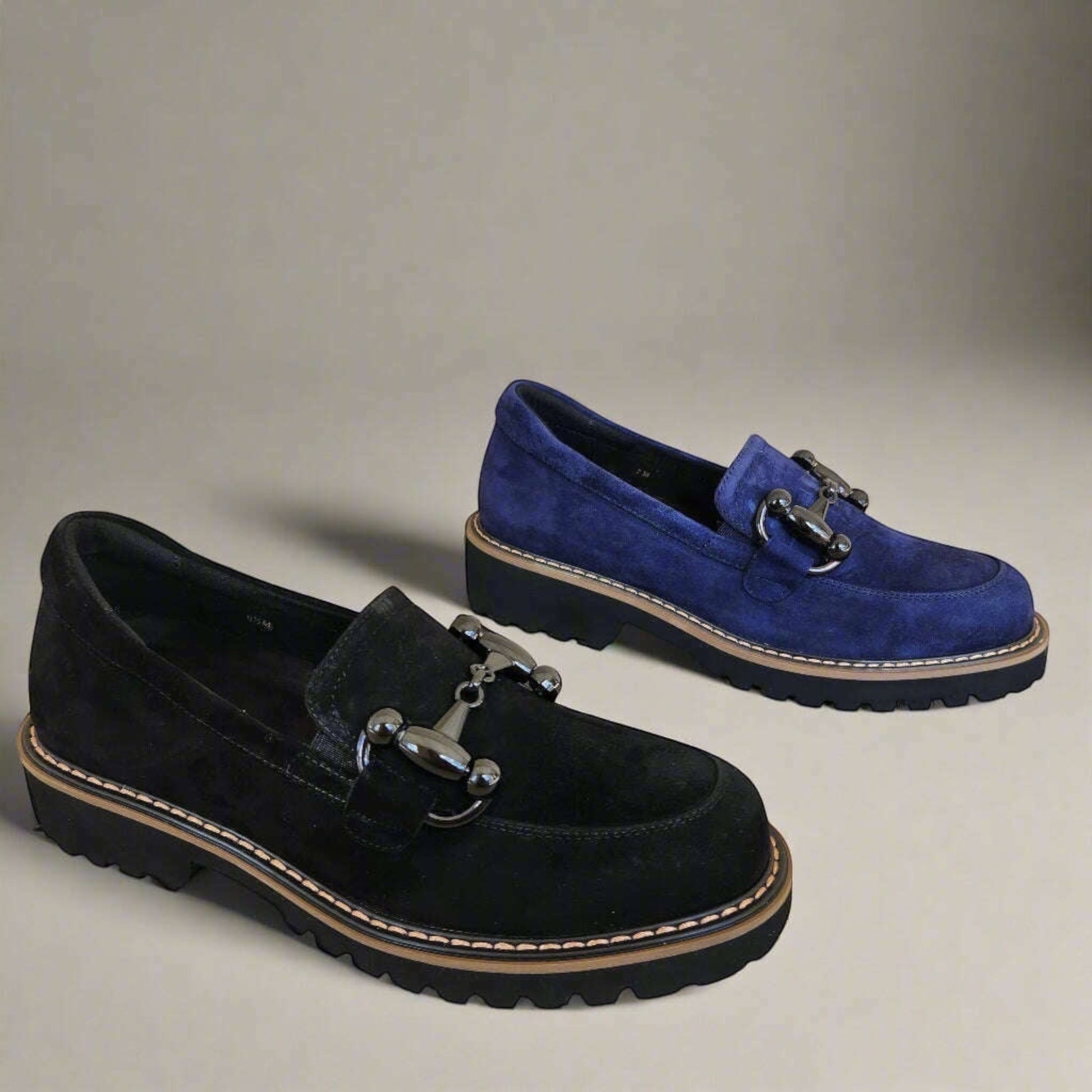 Plum Bottom VANELI Zimmy loafers in black and blue suede with metal bit detail and chunky lug soles.