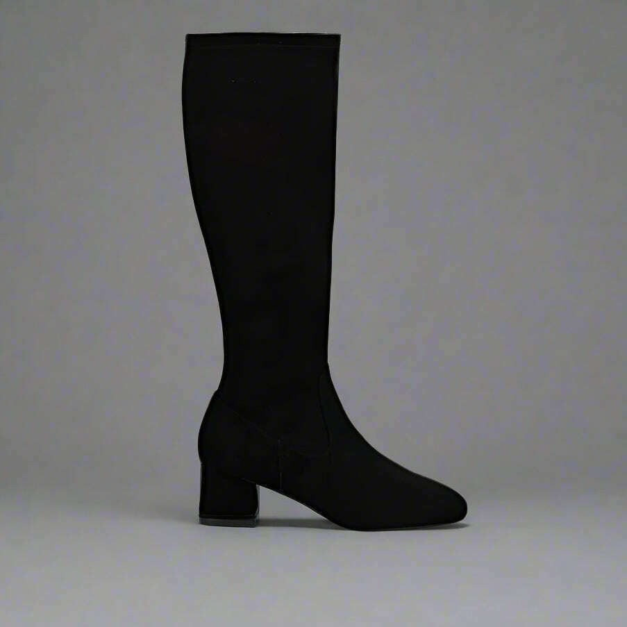 Plum Bottom VANELI Zovy black stretch suede tall boot with an almond toe and a comfortable block heel.