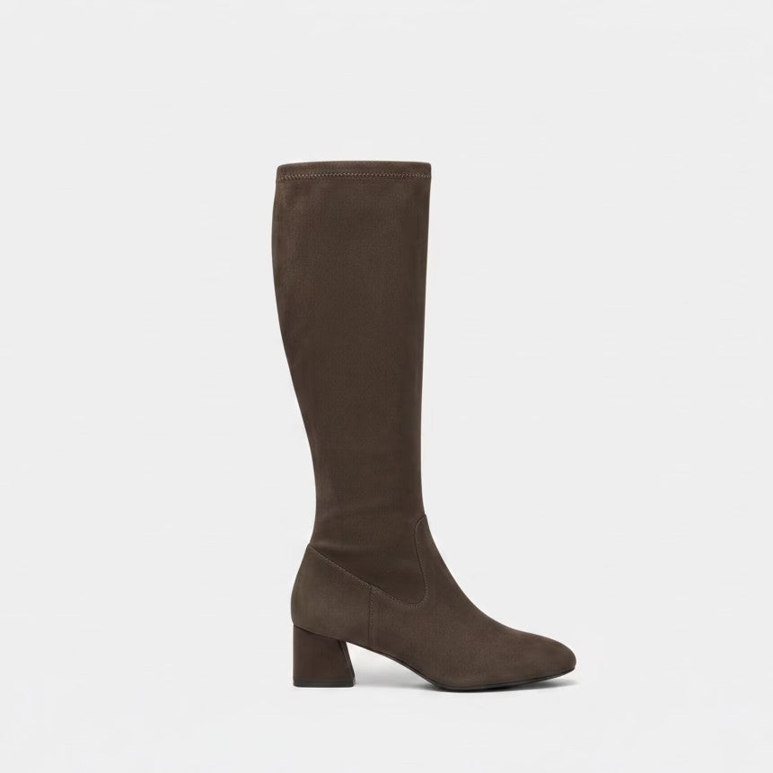Plum Bottom VANELI Zovy tall brown stretch suede boots with an almond toe and block heel