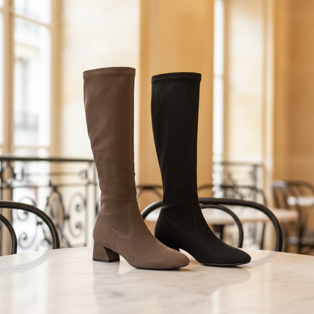 Plum Bottom Vaneli Zovy tall stretch suede boots in taupe and black with almond toes and block heels