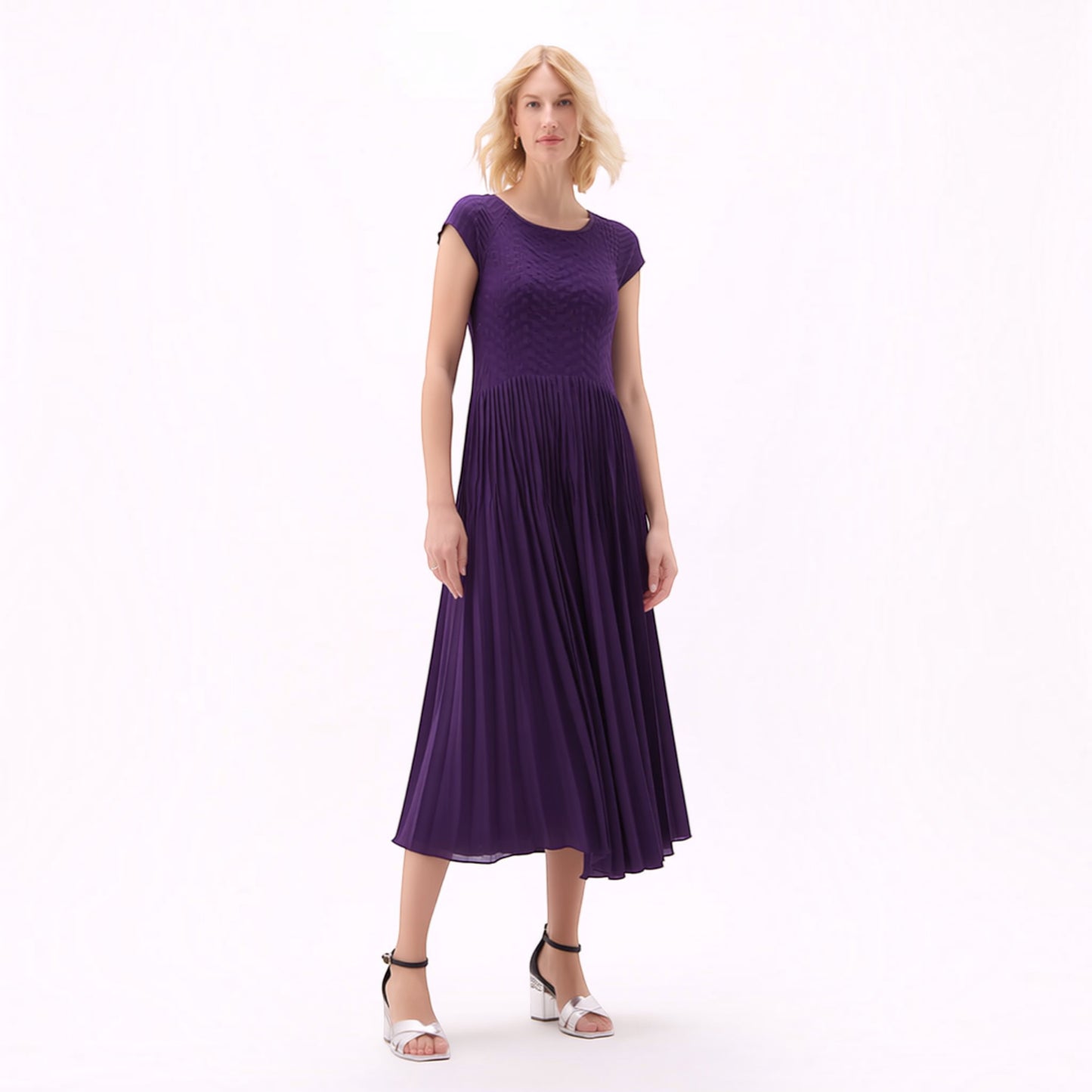 Plum Bottom violet pleated midi dress with cupsleeves worn by a blonde model against a white background