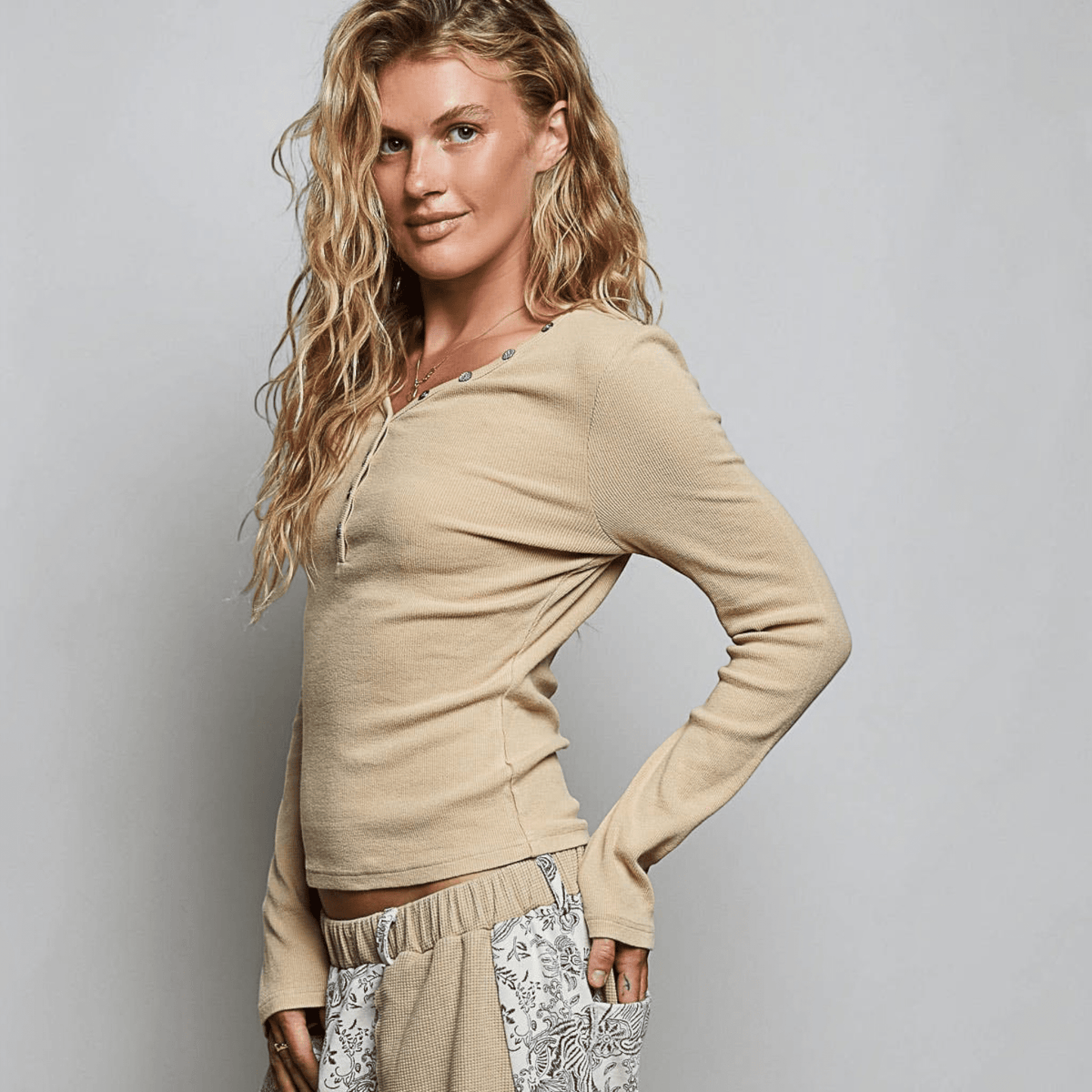 [Pol Clothing - Long Sleeve Novelty Button Wide V Neck Solid Knit Top: LATTE / L], [Tops], [Pol Clothing], [Plum Bottom].