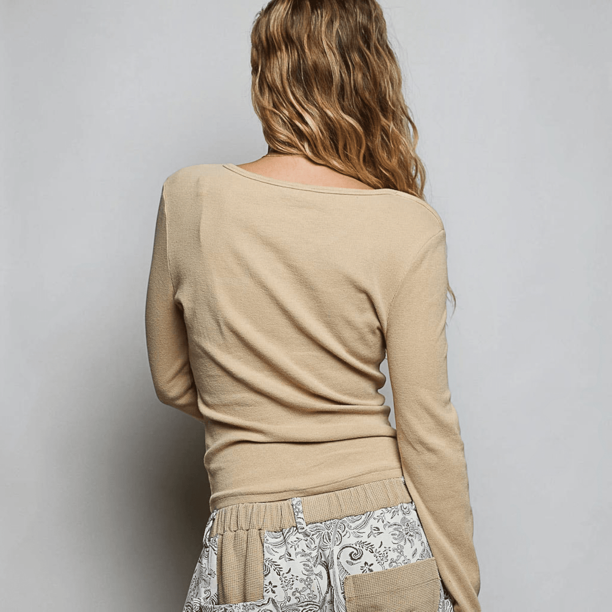 [Pol Clothing - Long Sleeve Novelty Button Wide V Neck Solid Knit Top: LATTE / L], [Tops], [Pol Clothing], [Plum Bottom].