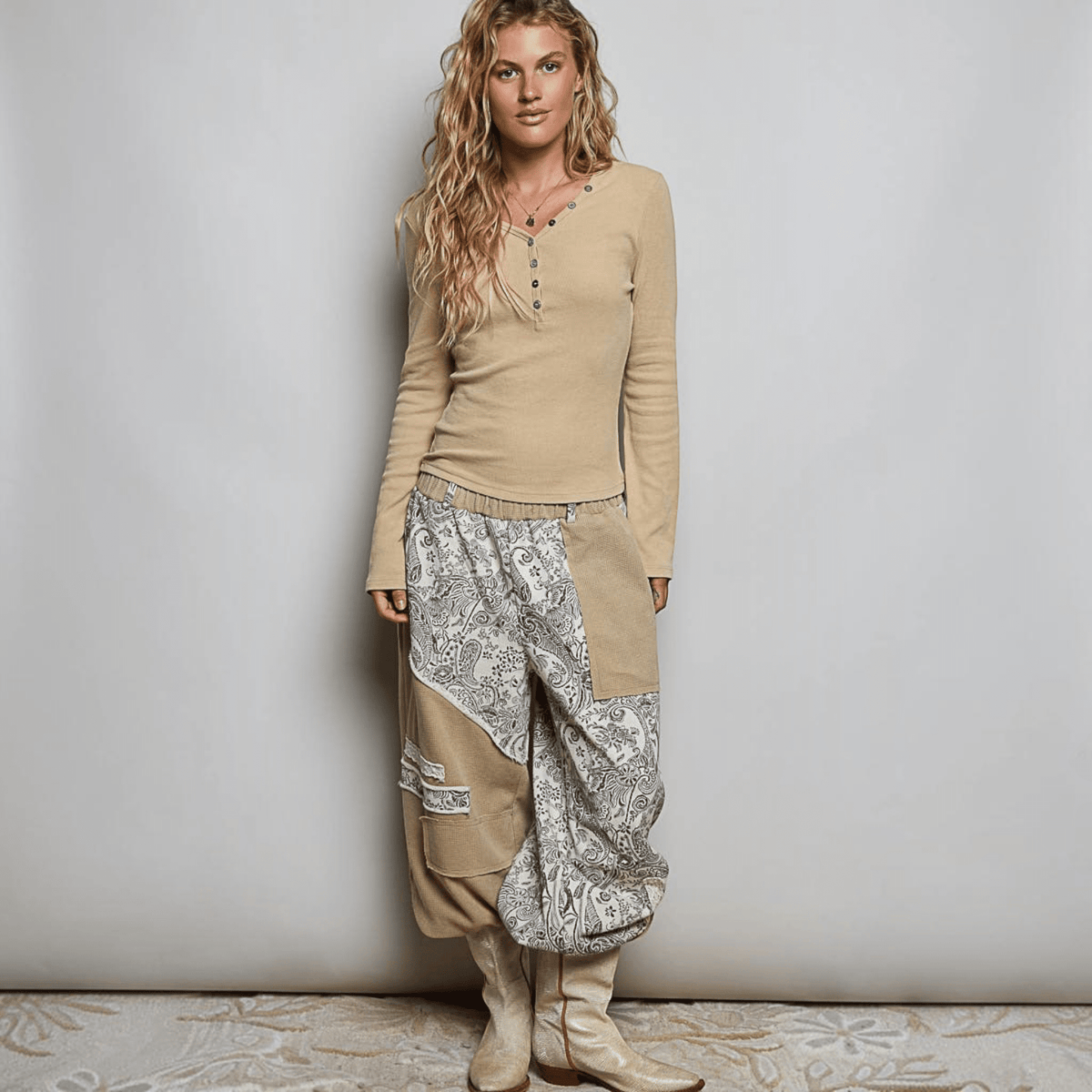 [Pol Clothing - Long Sleeve Novelty Button Wide V Neck Solid Knit Top: LATTE / L], [Tops], [Pol Clothing], [Plum Bottom].