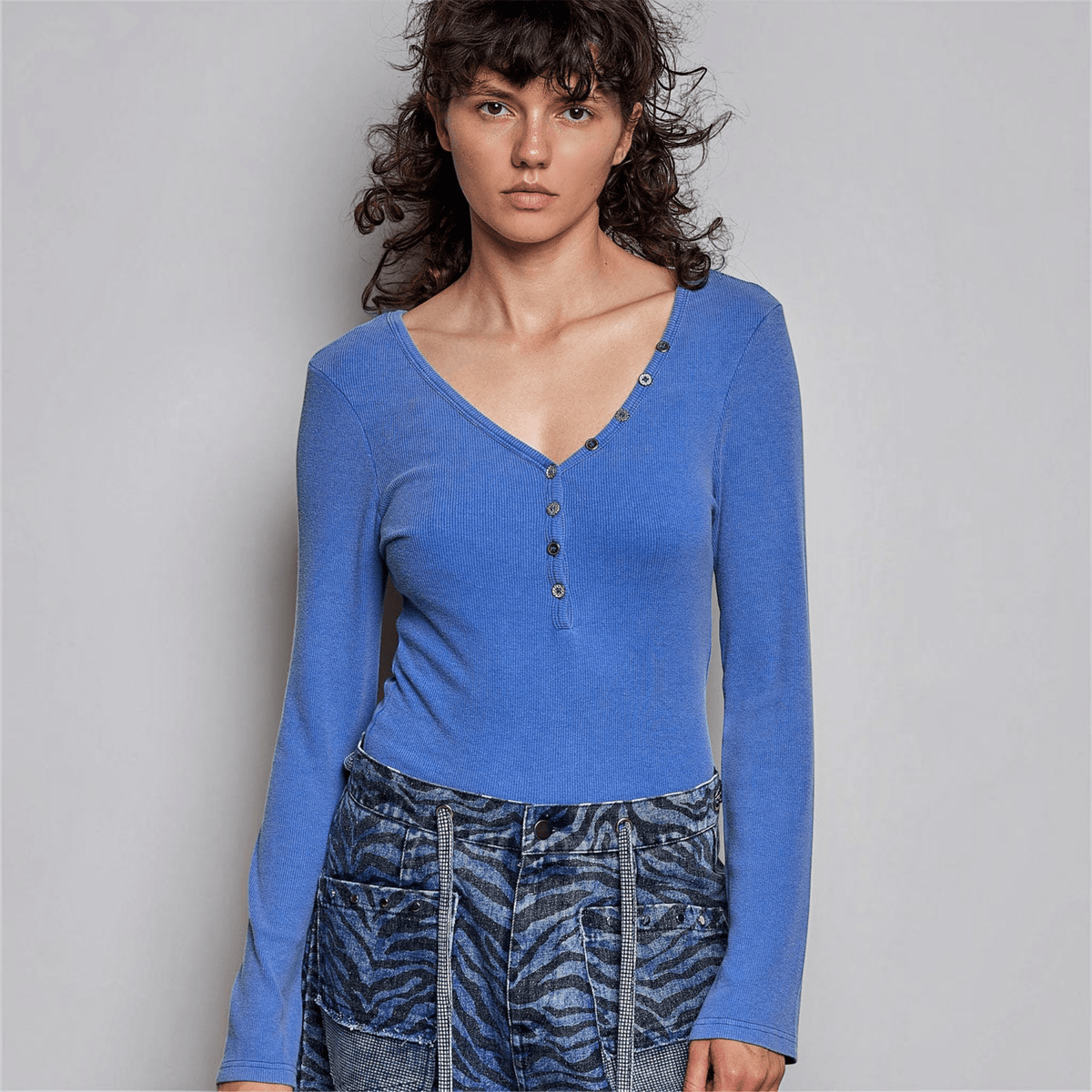 [Pol Clothing - Long Sleeve Novelty Button Wide V Neck Solid Knit Top: ROYAL BLUE / L], [CLOTHING], [Pol Clothing], [Plum Bottom].