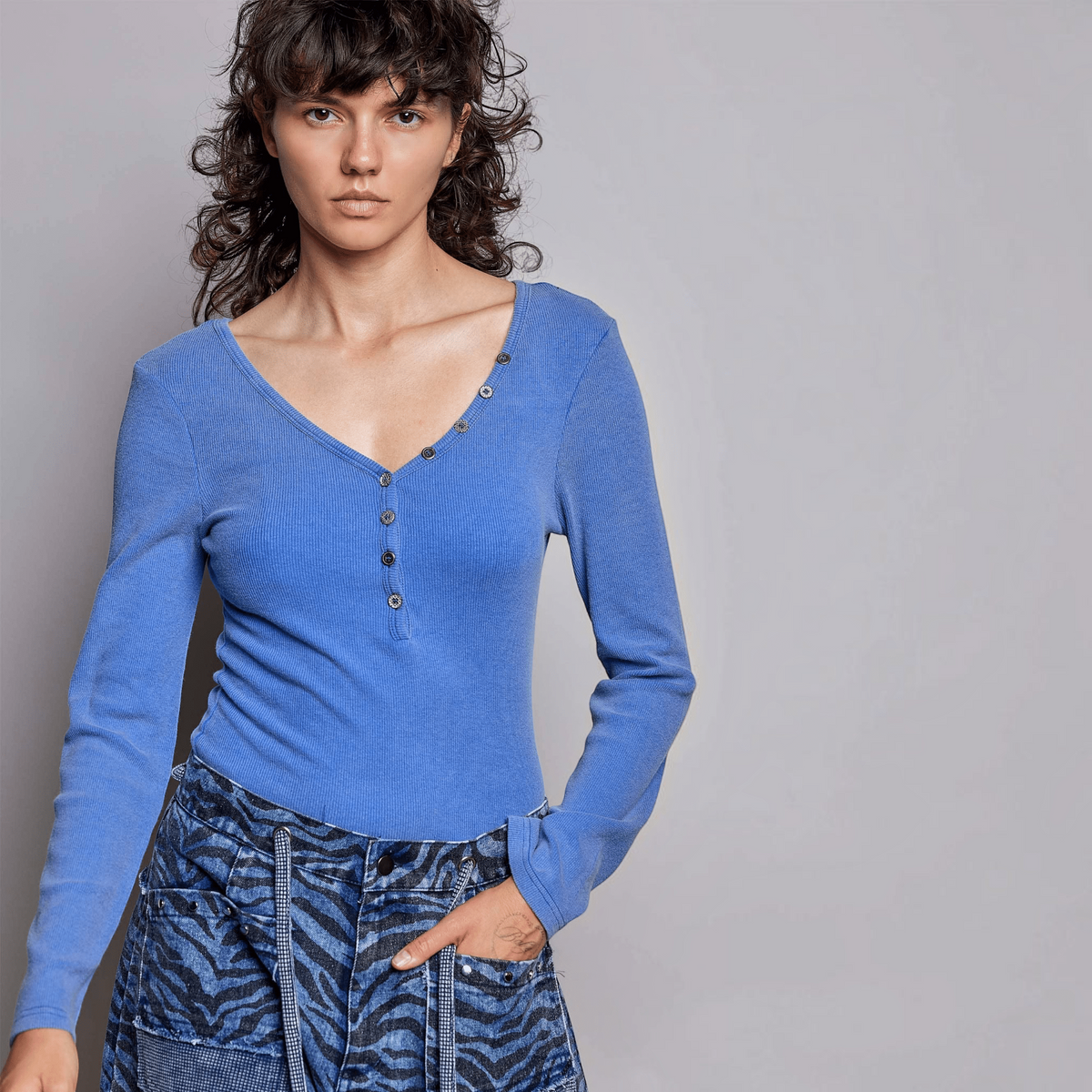 [Pol Clothing - Long Sleeve Novelty Button Wide V Neck Solid Knit Top: ROYAL BLUE / L], [CLOTHING], [Pol Clothing], [Plum Bottom].