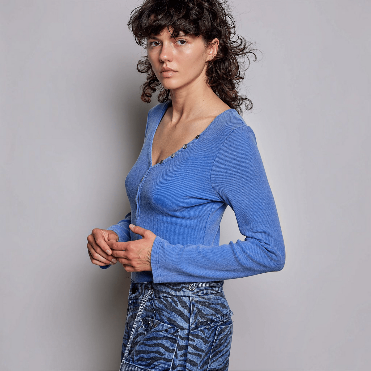 [Pol Clothing - Long Sleeve Novelty Button Wide V Neck Solid Knit Top: ROYAL BLUE / L], [CLOTHING], [Pol Clothing], [Plum Bottom].