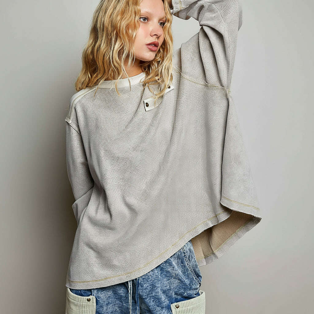 [Pol Clothing - Mixed Panel Thermal Top Vintage Wash Relaxed Fit Shirt: SAND / L], [Tops], [Pol Clothing], [Plum Bottom].