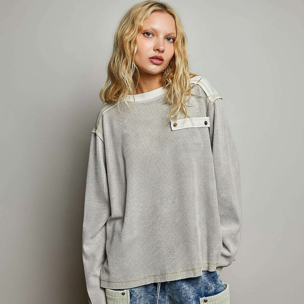 [Pol Clothing - Mixed Panel Thermal Top Vintage Wash Relaxed Fit Shirt: SAND / L], [Tops], [Pol Clothing], [Plum Bottom].
