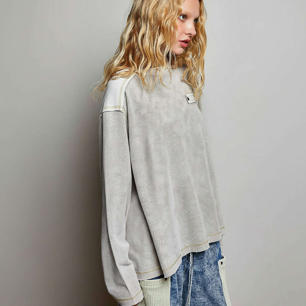 [Pol Clothing - Mixed Panel Thermal Top Vintage Wash Relaxed Fit Shirt: SAND / L], [Tops], [Pol Clothing], [Plum Bottom].