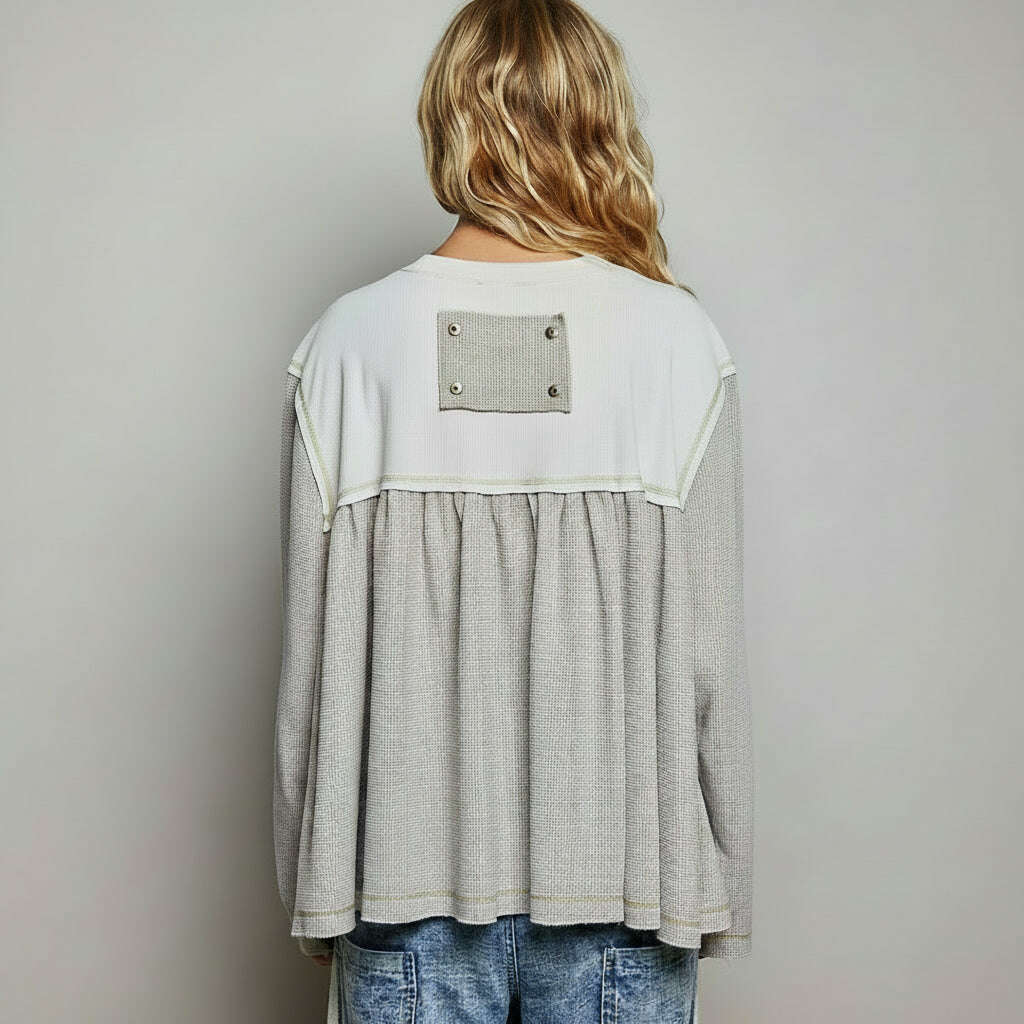 [Pol Clothing - Mixed Panel Thermal Top Vintage Wash Relaxed Fit Shirt: SAND / L], [Tops], [Pol Clothing], [Plum Bottom].