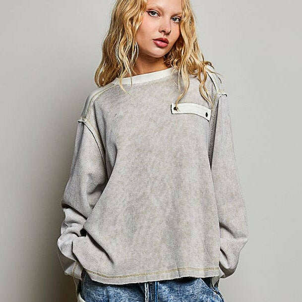 [Pol Clothing - Mixed Panel Thermal Top Vintage Wash Relaxed Fit Shirt: SAND / L], [Tops], [Pol Clothing], [Plum Bottom].