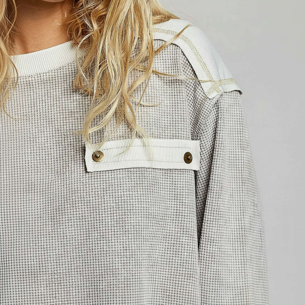 [Pol Clothing - Mixed Panel Thermal Top Vintage Wash Relaxed Fit Shirt: SAND / L], [Tops], [Pol Clothing], [Plum Bottom].