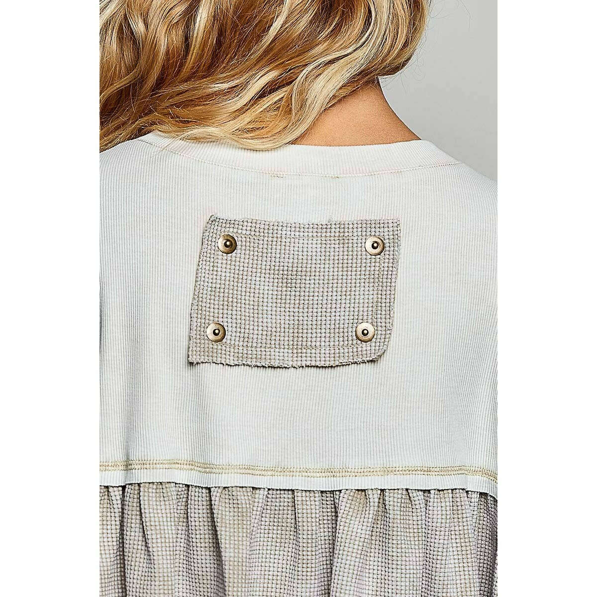 [Pol Clothing - Mixed Panel Thermal Top Vintage Wash Relaxed Fit Shirt: SAND / L], [Tops], [Pol Clothing], [Plum Bottom].