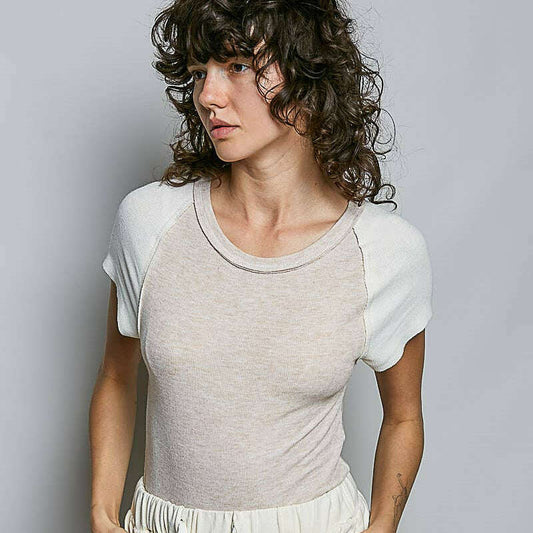POL CLOTHING Raglan Sleeve Contrast Solid Fitted Rib Top Almond/Cream, CLOTHING, Pol Clothing, Plum Bottom