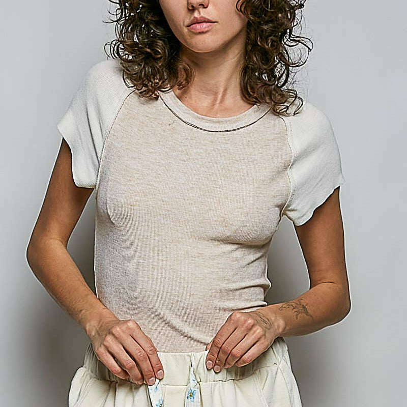 POL CLOTHING Raglan Sleeve Contrast Solid Fitted Rib Top Almond/Cream, CLOTHING, Pol Clothing, Plum Bottom