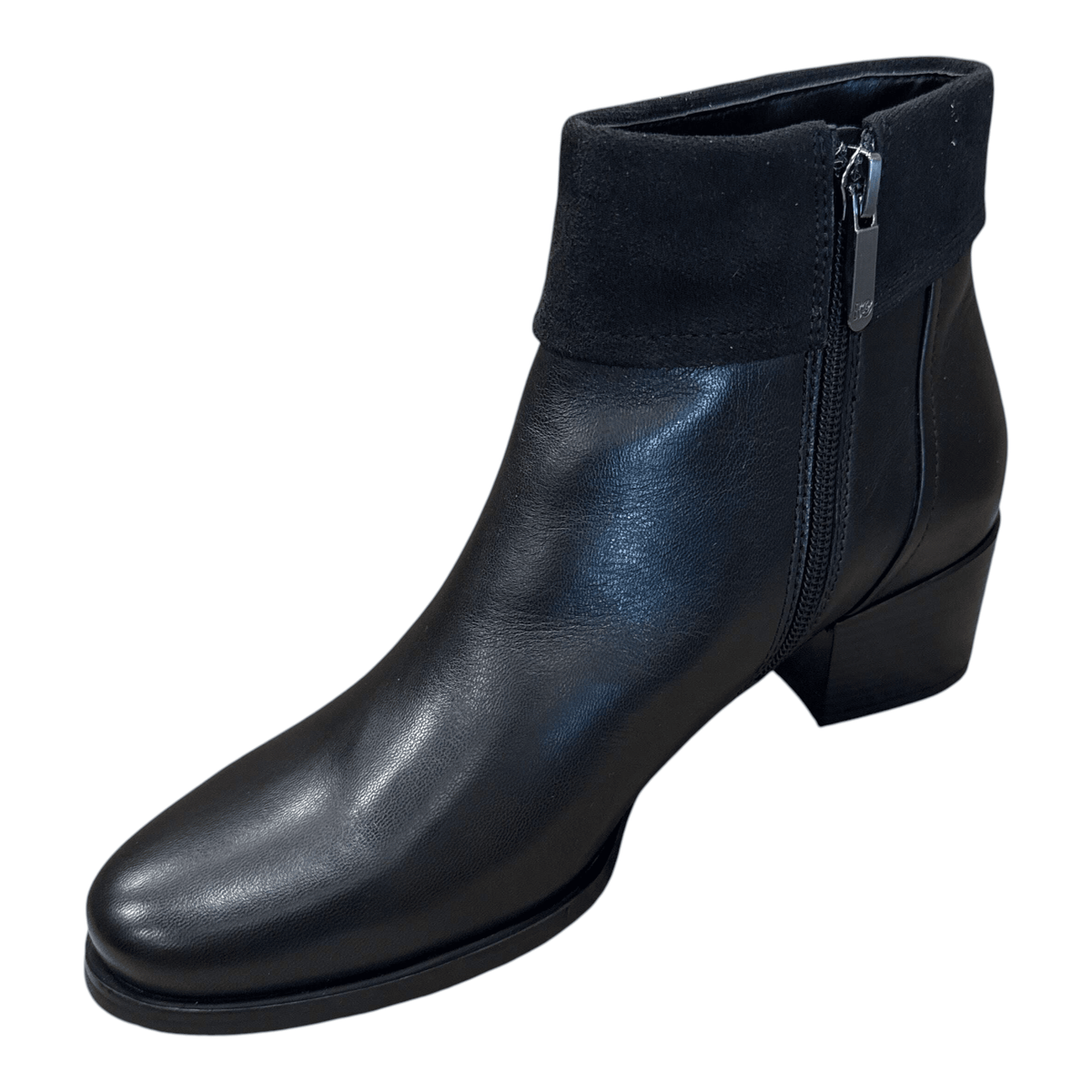 Plum Bottom REGARDE LE CIEL JOLENE-40 black leather ankle boot with side zipper and suede cuff detail