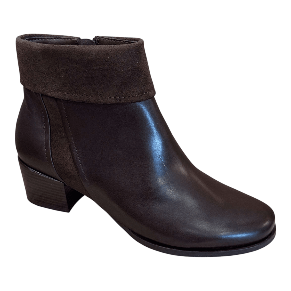 Plum Bottom REGARDE LE CIEL JOLENE-40 dark brown leather ankle boot with a suede cuff and block heel