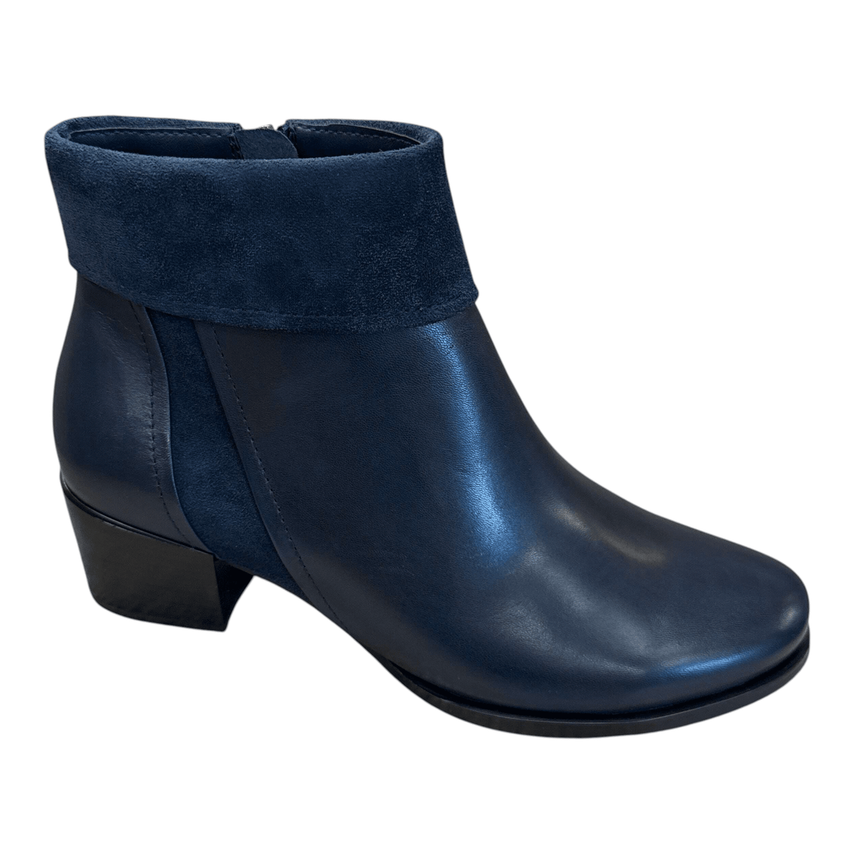 Plum Bottom REGARDE LE CIEL JOLENE-40 navy blue leather ankle boot with suede cuff and block heel