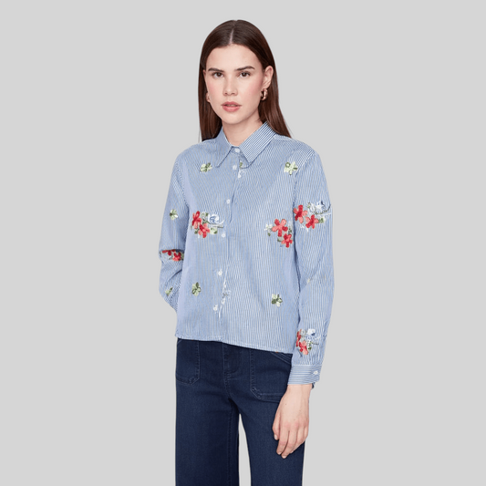 Plum Bottom RENUAR blue and white striped button-down blouse featuring vibrant red floral embroidery