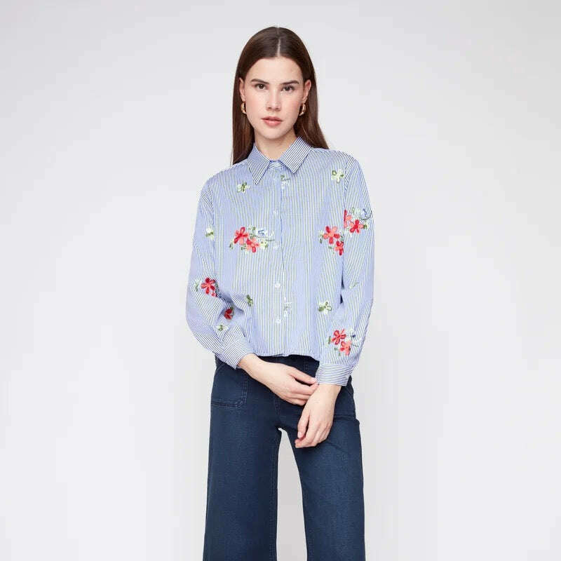 RENUAR Blue Striped Blouse With Flower Embroidery
