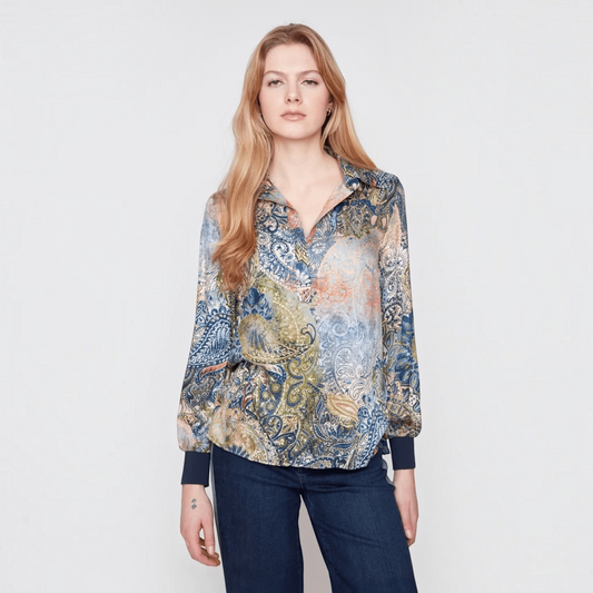 Plum Bottom RENUAR olive paisley print blouse with long sleeves and navy cuffs worn by a blonde model