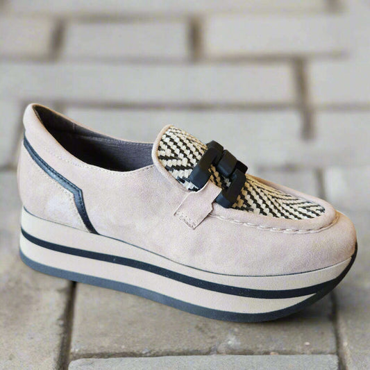 Taupe suede platform loafer with herringbone design and matte black ornament