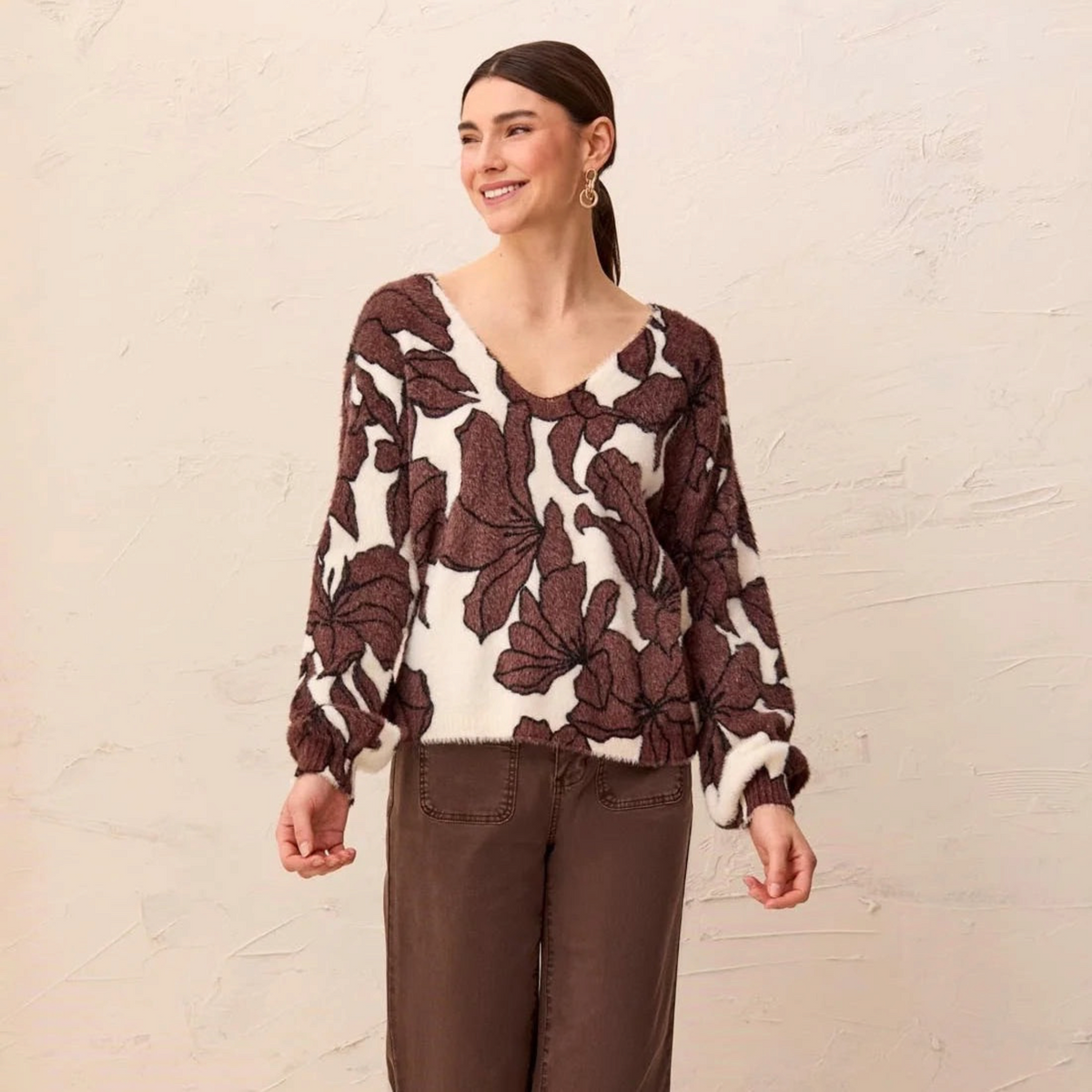 [TRIBAL Wear 2 Ways Front to Back Sweater Saddlebrown], [CLOTHING], [Tribal], [Plum Bottom].