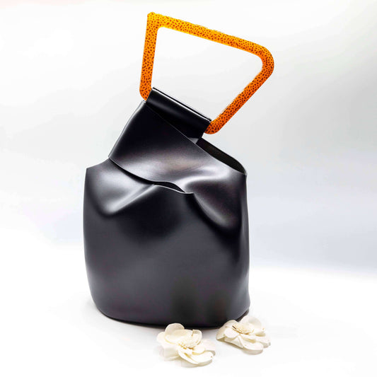 [Sea Lily - 7048Blk Black Diagonal Triangle Handle Handbag], [], [Sea Lily], [Plum Bottom].