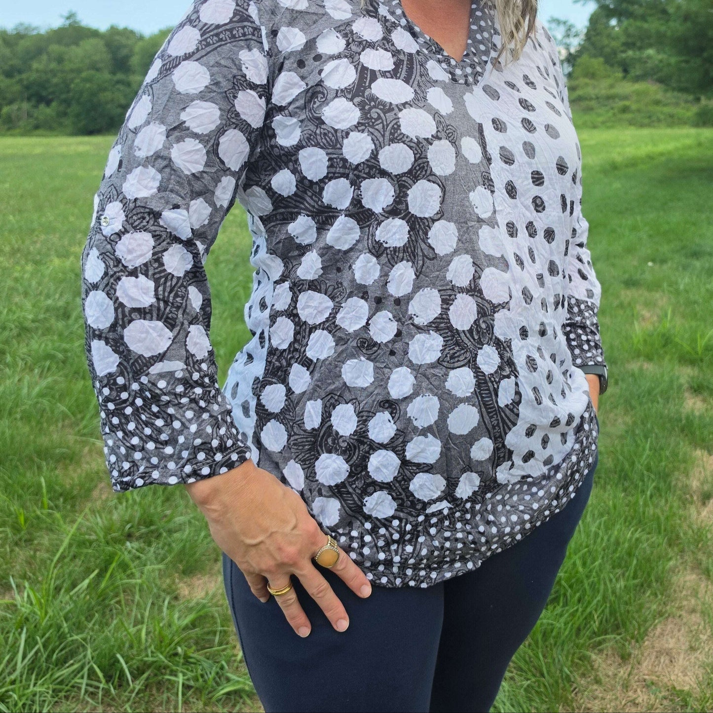 SHANA APPAREL V-Neck Top Black & White Polka Dot Blouse