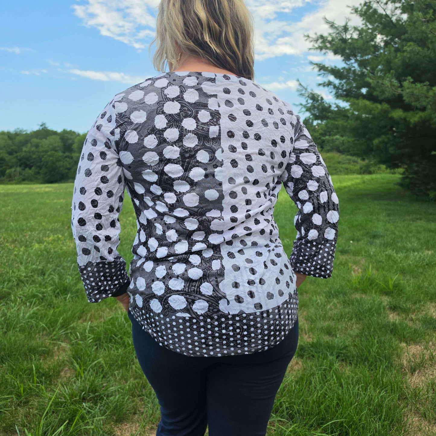 SHANA APPAREL V-Neck Top Black & White Polka Dot Blouse