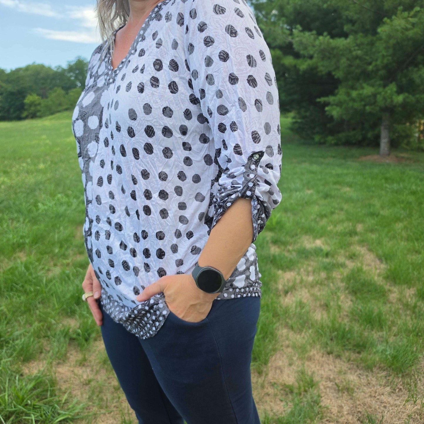 SHANA APPAREL V-Neck Top Black & White Polka Dot Blouse