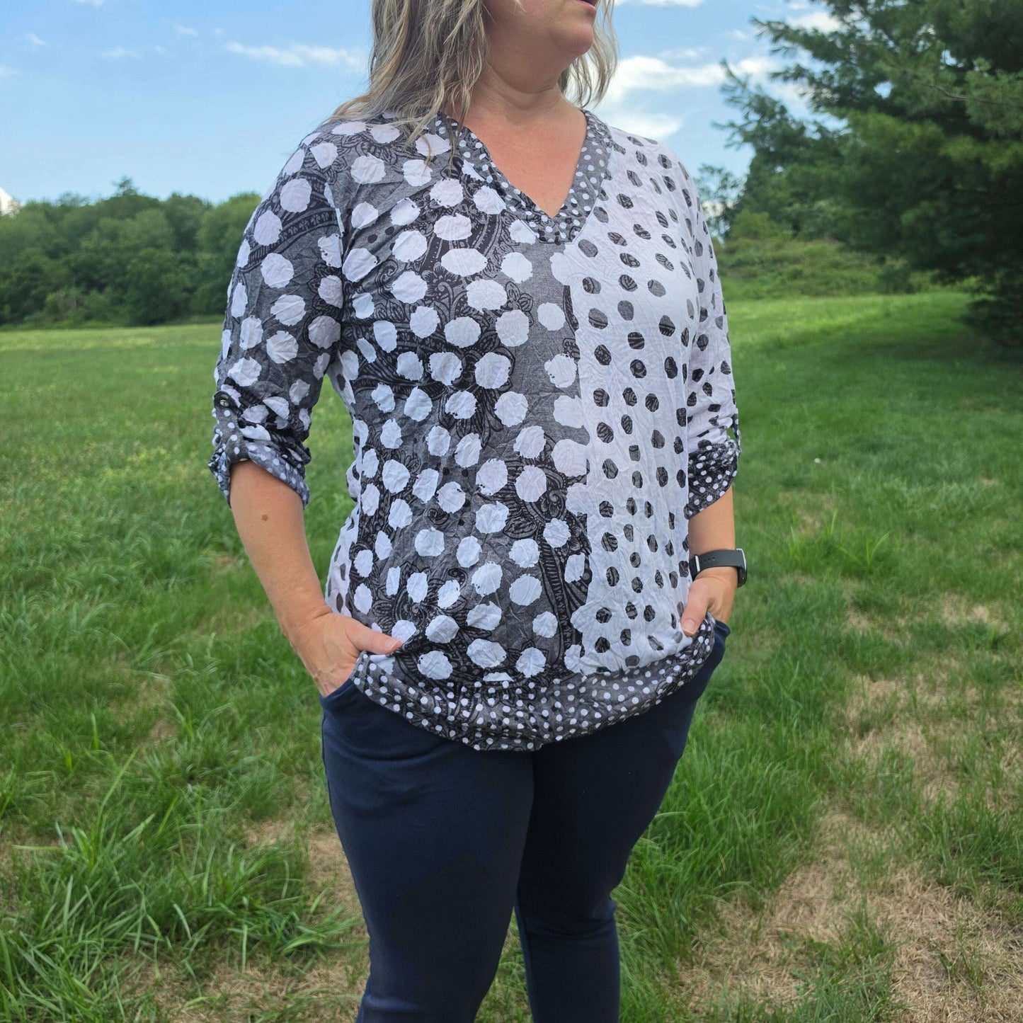 SHANA APPAREL V-Neck Top Black & White Polka Dot Blouse