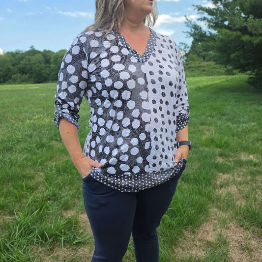 SHANA APPAREL V-Neck Top Black & White Polka Dot Blouse