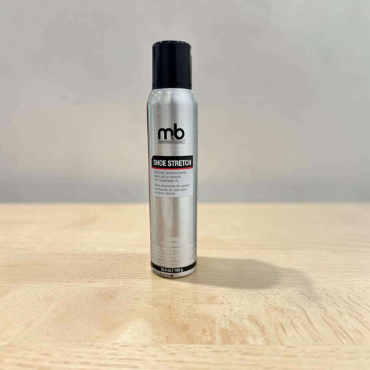 Plum Bottom shoe stretch spray in a silver aerosol can for softening and expanding leather footwear